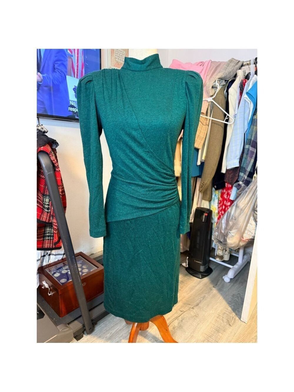 All That Jazzy USA green wool look dress padded shoulder wrap gather